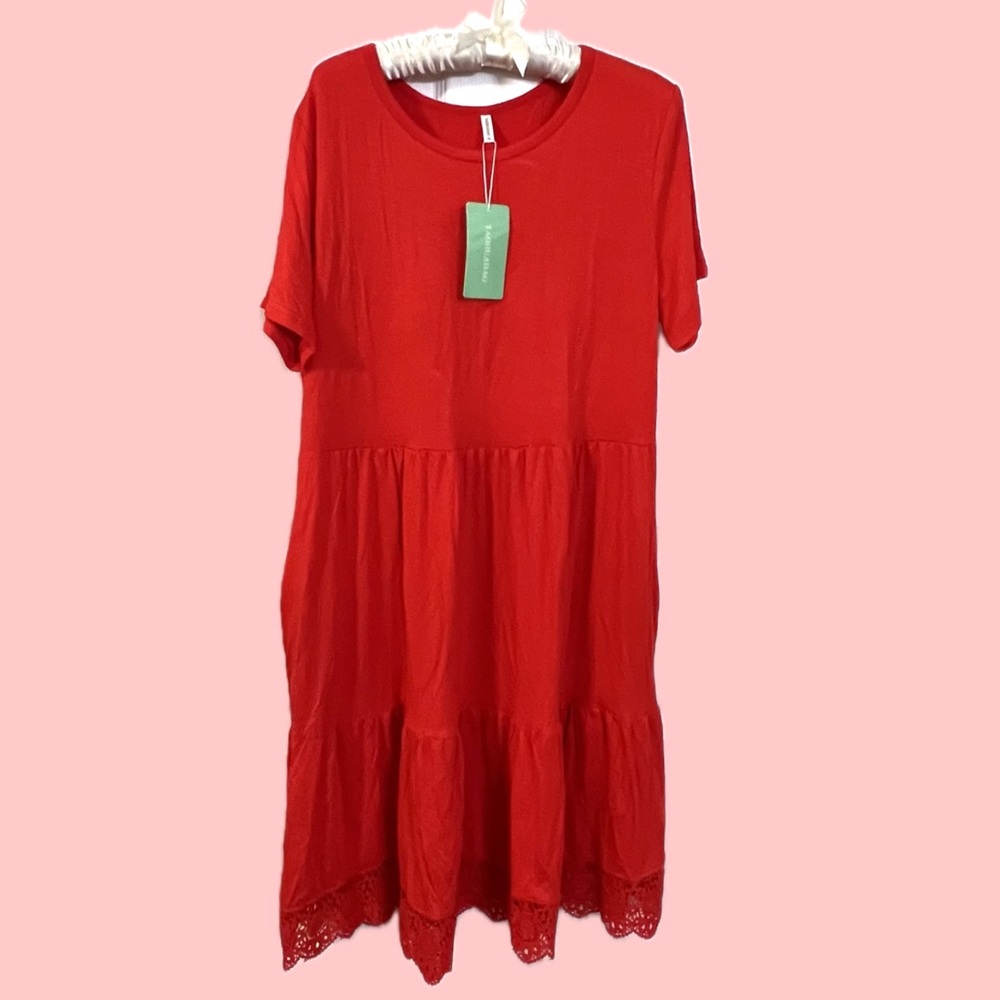 Sz XL ♦️ Red Midi Dress w. Pockets